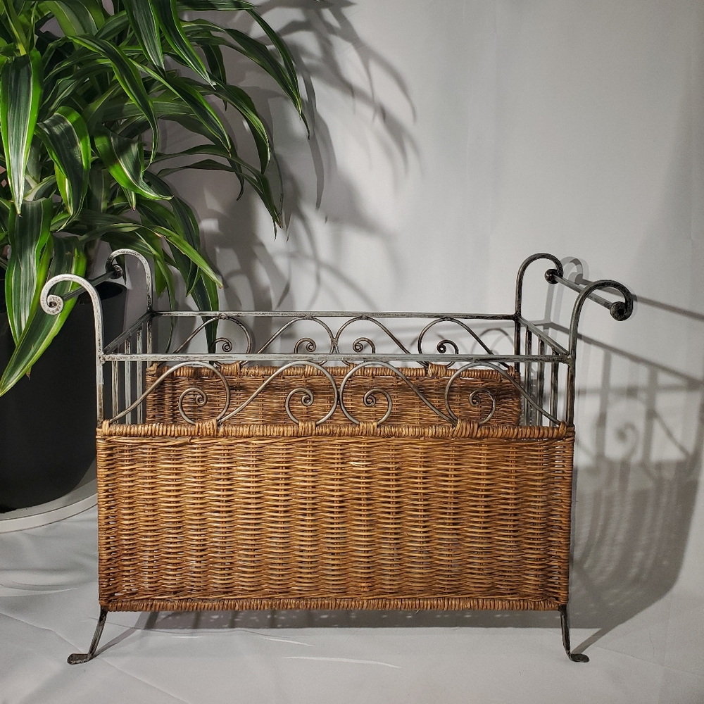 Wicker and Metal Scroll Magazine Rack - Brown and Distressed Pewter